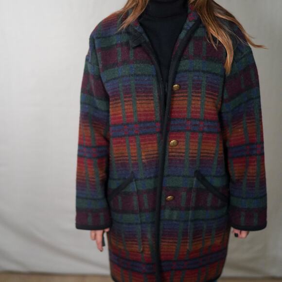 Vintage Oversized Plaid Wool Coat in Forest Green & Oxblood - Picture 1 of 10